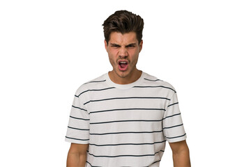 Young handsome caucasian man isolated on white background shouting very angry, rage concept, frustrated.