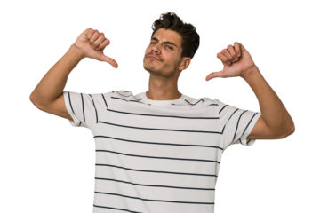 Young handsome caucasian man isolated on white background feels proud and self confident, example to follow.