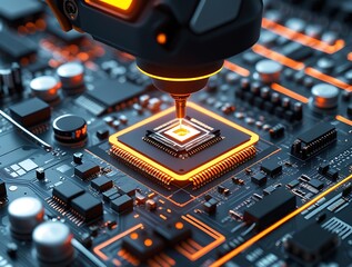 Advanced robotic arm precisely assembling a glowing microchip onto a complex futuristic circuit board, illustrating next-generation semiconductor manufacturing technology

