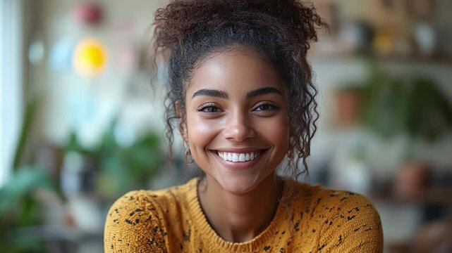 A portrait of a beautiful person whose warm smile shines with natural light in a photorealistic scene. The eyes show joy and a kind expression.