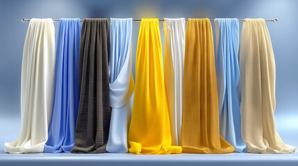 Colorful drapes on rod with varied textures and colors in blue, white, yellow, and black