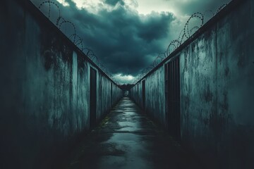 Gloomy walkway with barred doors, walls topped with razor wire under storm clouds. Ideal for illustrating concepts of confinement, security, or psychological themes.