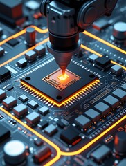 Advanced robotic arm precisely assembling a glowing microchip onto a complex futuristic circuit board, illustrating next-generation semiconductor manufacturing technology

