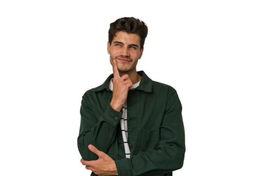 Young handsome caucasian man isolated on white background contemplating, planning a strategy, thinking about the way of a business.