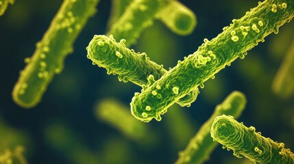 Fototapeta premium Close-up shows rod-shaped bacteria with bumpy textures in green tones. Use this image for science, medicine, research or healthcare materials.