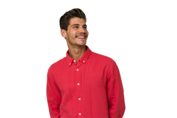 Young handsome caucasian man isolated on white background relaxed and happy laughing, neck stretched showing teeth.