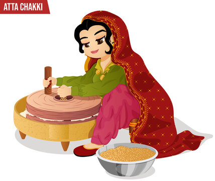 Woman Spinning Atta Chakki Making Flour By Putting Wheat Grains in. Ethnic Village Lifestyle Art