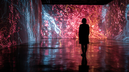 Immersive art exhibition with digital projections and silhouette of a person viewing the artwork show