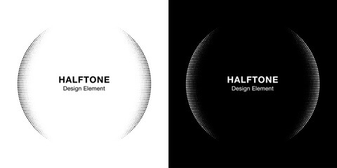 Halftone Circle Frame Abstract Dots Logo Emblem Design Element For Medical, Treatment, Cosmetic. Round Border Icon Using Halftone Circle Dots Raster Texture. Vector Emblem.
