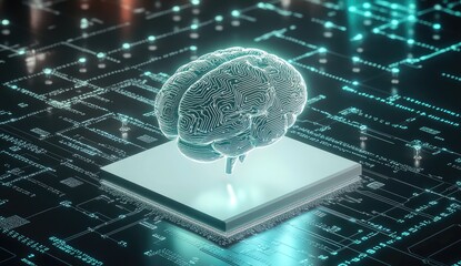 A digital brain rests atop a circuit board, highlighting the intersection of human intellect and technology.  Complex circuitry and glowing light effects surround the brain model