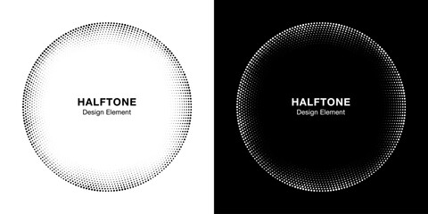 Halftone Circle Frame Abstract Dots Logo Emblem Design Element For Medical, Treatment, Cosmetic. Round Border Icon Using Halftone Circle Dots Raster Texture. Vector Emblem.