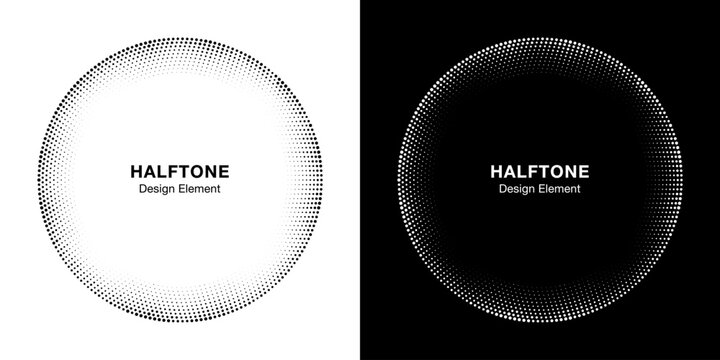 Halftone Circle Frame Abstract Dots Logo Emblem Design Element For Medical, Treatment, Cosmetic. Round Border Icon Using Halftone Circle Dots Raster Texture. Vector Emblem.