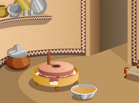 Rural Kitchen Setting with Atta Chakki and Wheat Grains, Wall Shelf Adorned with Kitchenware and Water-Filled Clay Pot with Silver Glass on the Side. Authentic Village Lifestyle Cartoon Illustration