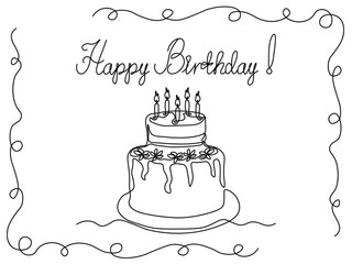 Abstract Birthday card with inscription and cake, continuous single one line art drawing sketch, logo