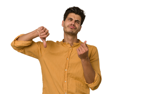 Young handsome caucasian man isolated on white background showing that she has no money.