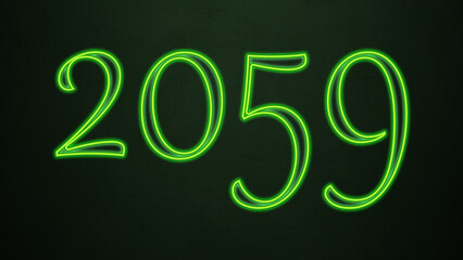 Neon glowing green number design of 2059 on dark background.