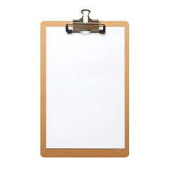 A blank white paper on an empty wooden clipboard with a clip, isolated on Png Format and Transparent Background