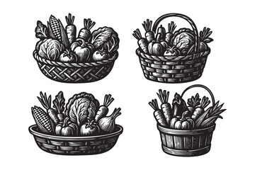 vegetable basket set woodcut engraving vector illustration