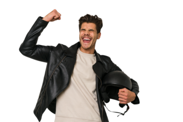 Young caucasian man holding a helmet isolated