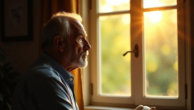 A father figure, lost in thought, gazing out a window, sunlight streaming in , image, window, shadow