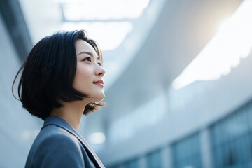 未来を見上げるスーツ姿の女性の横顔