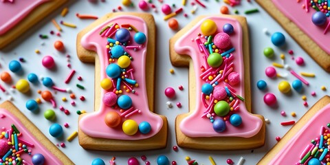 Delicious number 11 shaped cookies decorated with pink icing and colorful sprinkles, perfect for birthday celebrations, parties, or festive occasions with a playful theme

