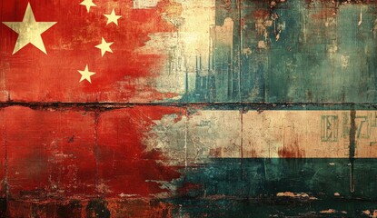 Faded, distressed flags, possibly China and another country, overlaid on a weathered wall. The image suggests a blend of cultures, conflict, or history