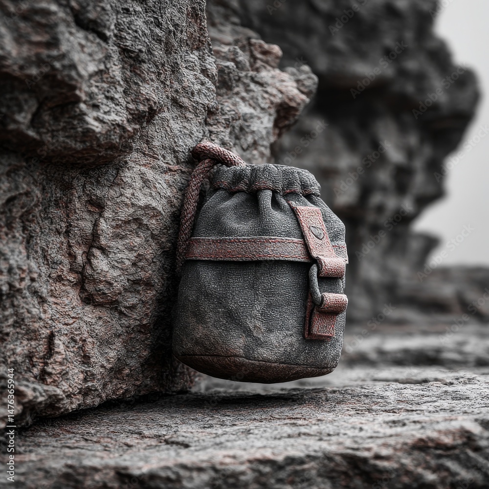 Aufkleber a gray textured pouch on a rough stone surface, highlighting material texture and color contrast