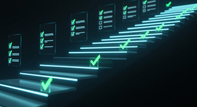 Abstract staircase with floating checklists and green check marks, symbolizing progress and completion in a modern digital setting. - Powered by Adobe