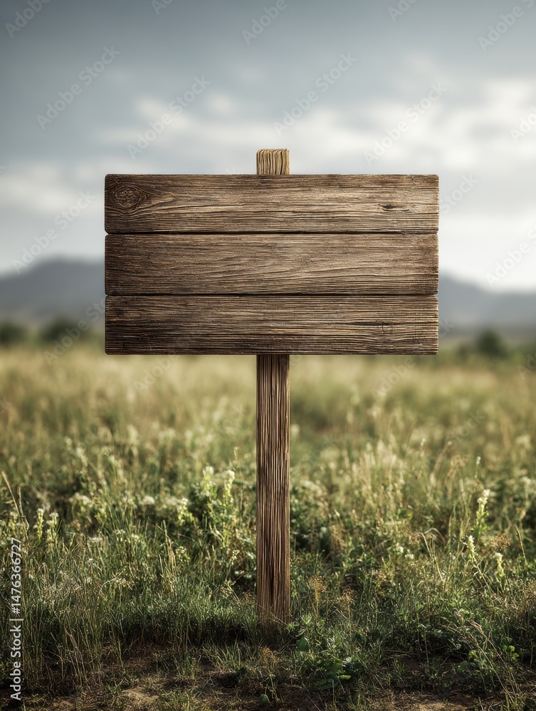 Poster wooden farm sign mockup standing tall in a serene field with distant mountains under a cloudy sky du