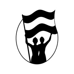 Silhouette of two figures holding a striped flag inside of a circular frame art