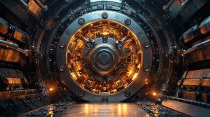 Fototapeta premium Intricate, metallic machinery core within a futuristic chamber.