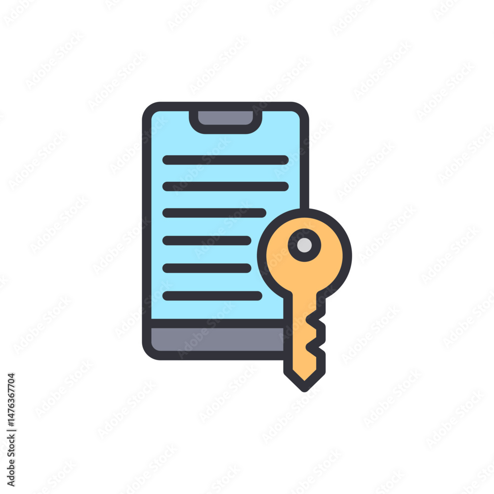Poster mobile security with golden key and protected data on transparent background