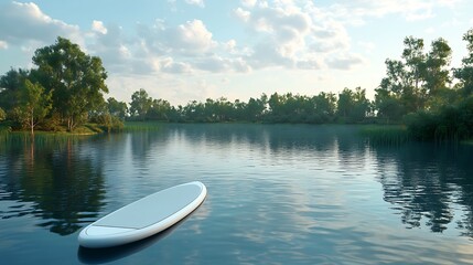 Obraz premium Paddleboard floating in calm water near trees and shoreline