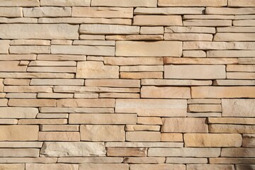 A textured wall of natural stone, showcasing varying shades of beige and cream tones.