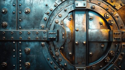 Naklejka premium Close-up view of a decorative, circular metal vault door.