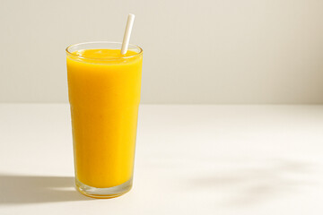 Chilled Mango Smoothie in Glass with Cubes Refreshing Summer Drink