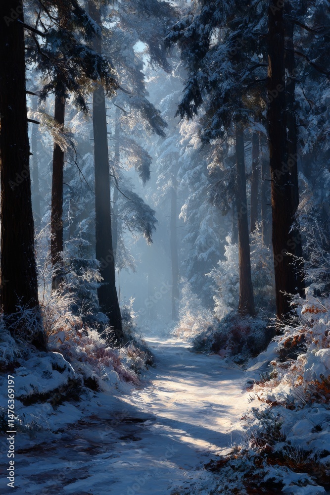 Poster serene winter forest path: sunlight illuminating a snow-covered trail through tall trees on a cold a
