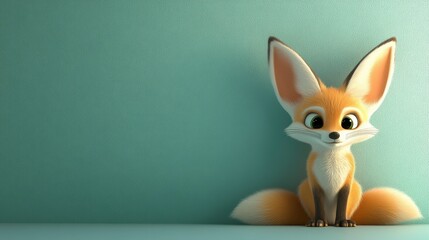 Adorable cartoon fox sitting against a teal wall, looking to the right.