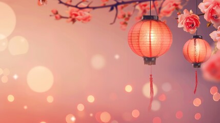 Obraz premium Rose Festival Lantern Background: Crimson Lanterns Mirror Flower Shadows, Weaving a Magnificent Scroll of the Dance between Glowing Lights and Fragrant Roses