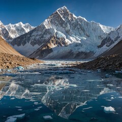 A panoramic view of the Everest massif with Lhotse standing proudly beside it, its jagged peak glinting under the morning sun, mirrored in a frozen glacial lake below.