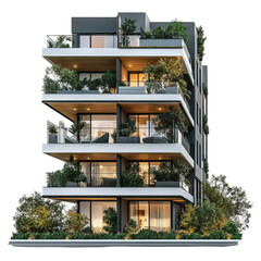 Fototapeta premium A modern apartment building with large balconies and plants on the balcony, Transparent Background Png Format file