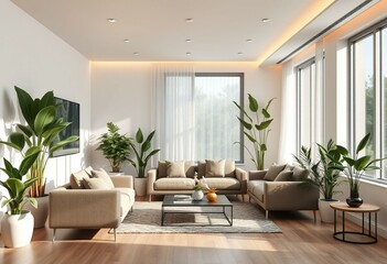 Fototapeta premium Biophilic living room with indoor plants and natural light