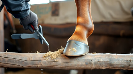 Farrier cleaning horse hoof in stable, horse care and maintenance