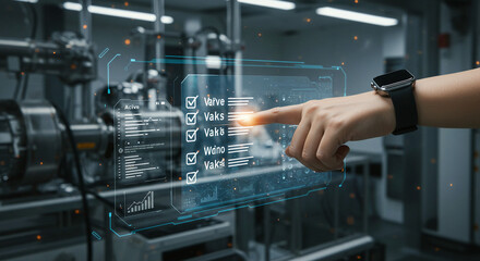 Interactive checklist interface with touch screen operation in a science lab. Modern technology combined with human operation.
