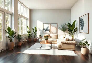 Biophilic living room with natural light and indoor plants