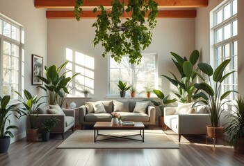 Biophilic living room with indoor plants and natural light