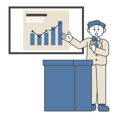 演台でグラフを見ながら話すスーツ姿の男性