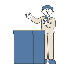 演台で話すスーツ姿の男性