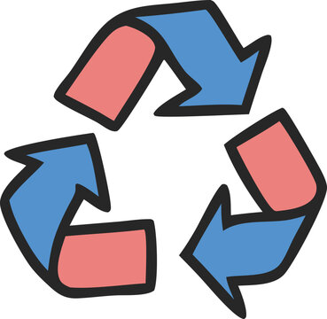 Colorful Hand-Drawn Recycling Symbol with Blue and Red Arrows, recycle icon, reuse icon, vector, Recycling symbol, eco-friendly design